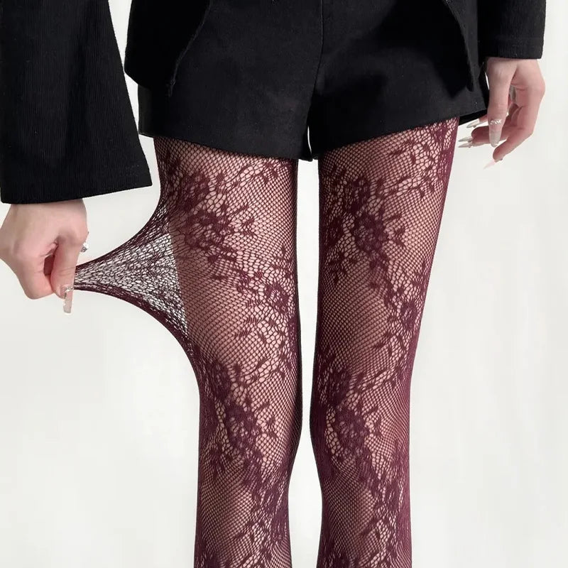Parisian Lingerie Black White Brown Hollowed Out Lace Mesh Pantyhose Floral Rattan Bottomed Stockings Sexy Women Tights Fashion Hosiery
