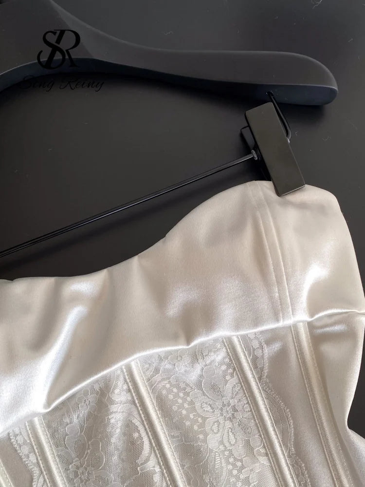 The Fontainebleau Satin Corset Cami | French Lace Strapless Crop Top | Wedding & Night Out Tank | Parisian Princess