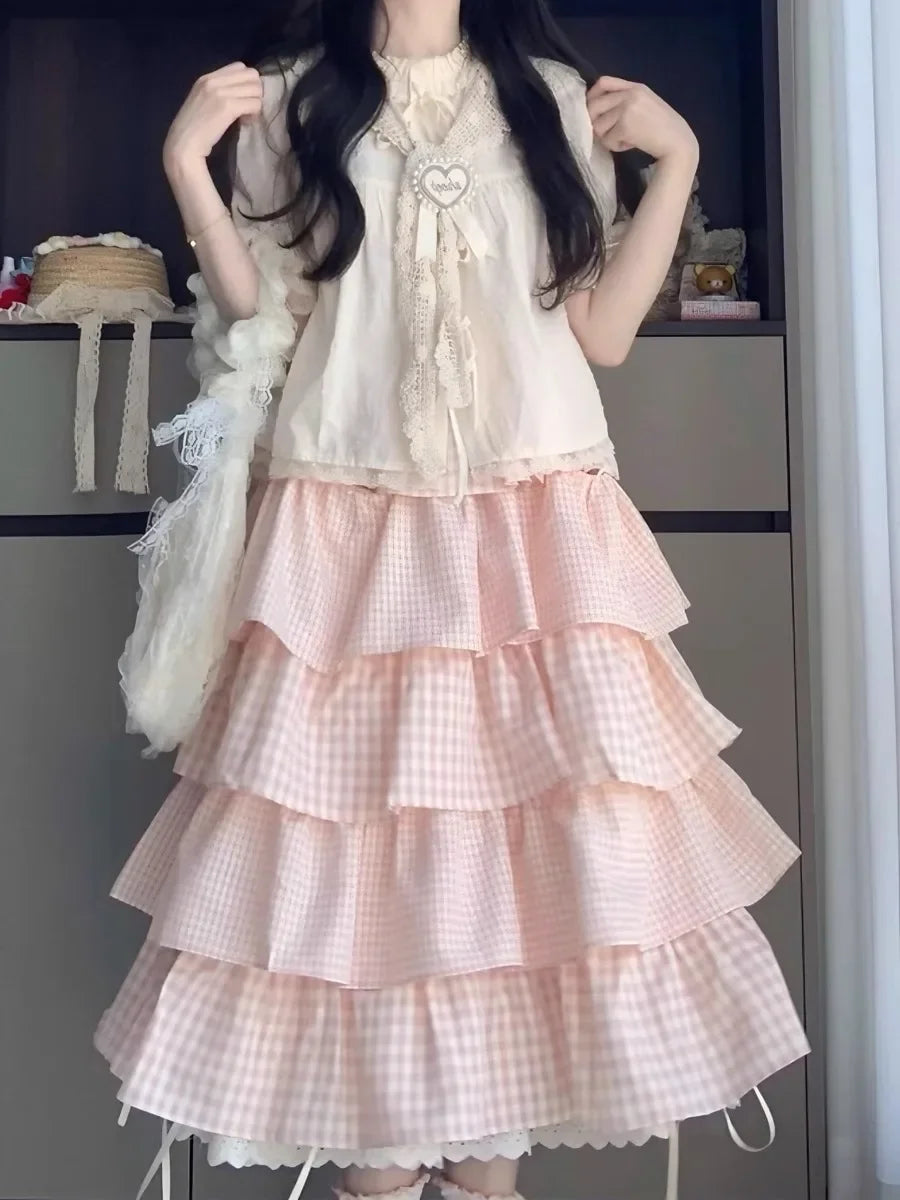 Cute Sweet Sister Classic Parisian Outfit Women's Plaid Ribbon Tied Shirt And Knee-Length Cake Skirt Two-Piece Set