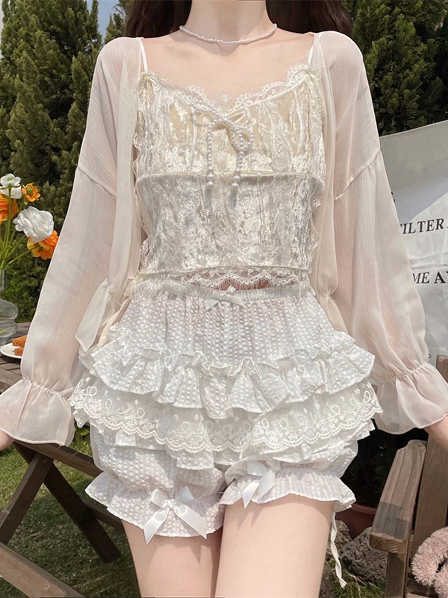 Women s Fashion Bloomers Shorts Lace Layered Ruffle Bowknot Elastic Waist Short Pants Summer Casual Shorts