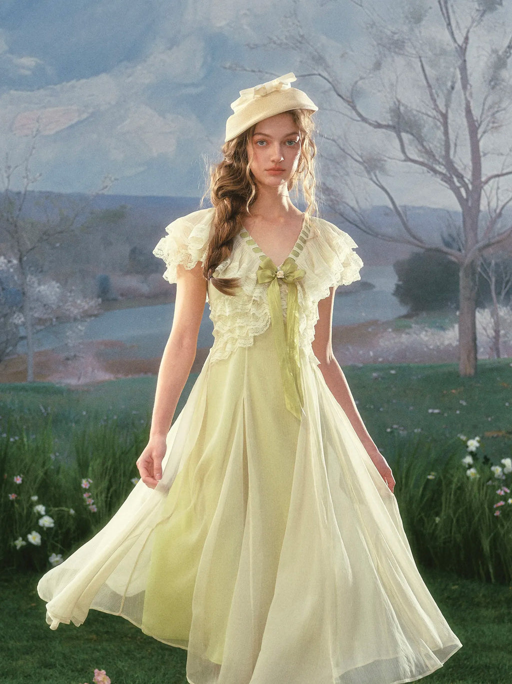 The Spring Meadow Butterfly Lace Gown | French Pastoral V-Neck Midi | Empire Waist Princess Dress | Parisian Princess