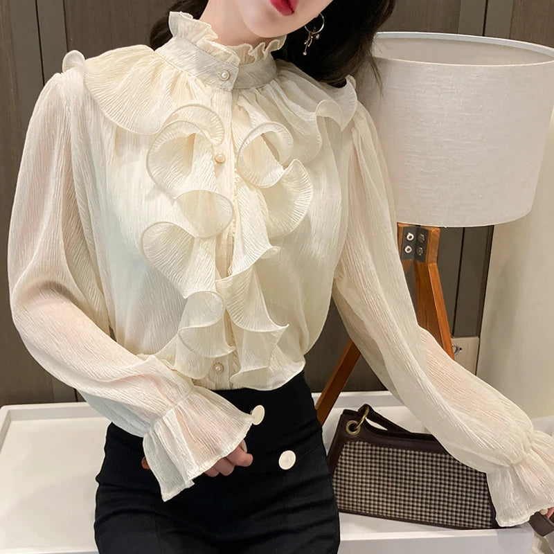 The Versailles Ruffled Chiffon Blouse | Stand Collar Lace Puff Sleeve | French Vintage Shirt | Parisian Princess