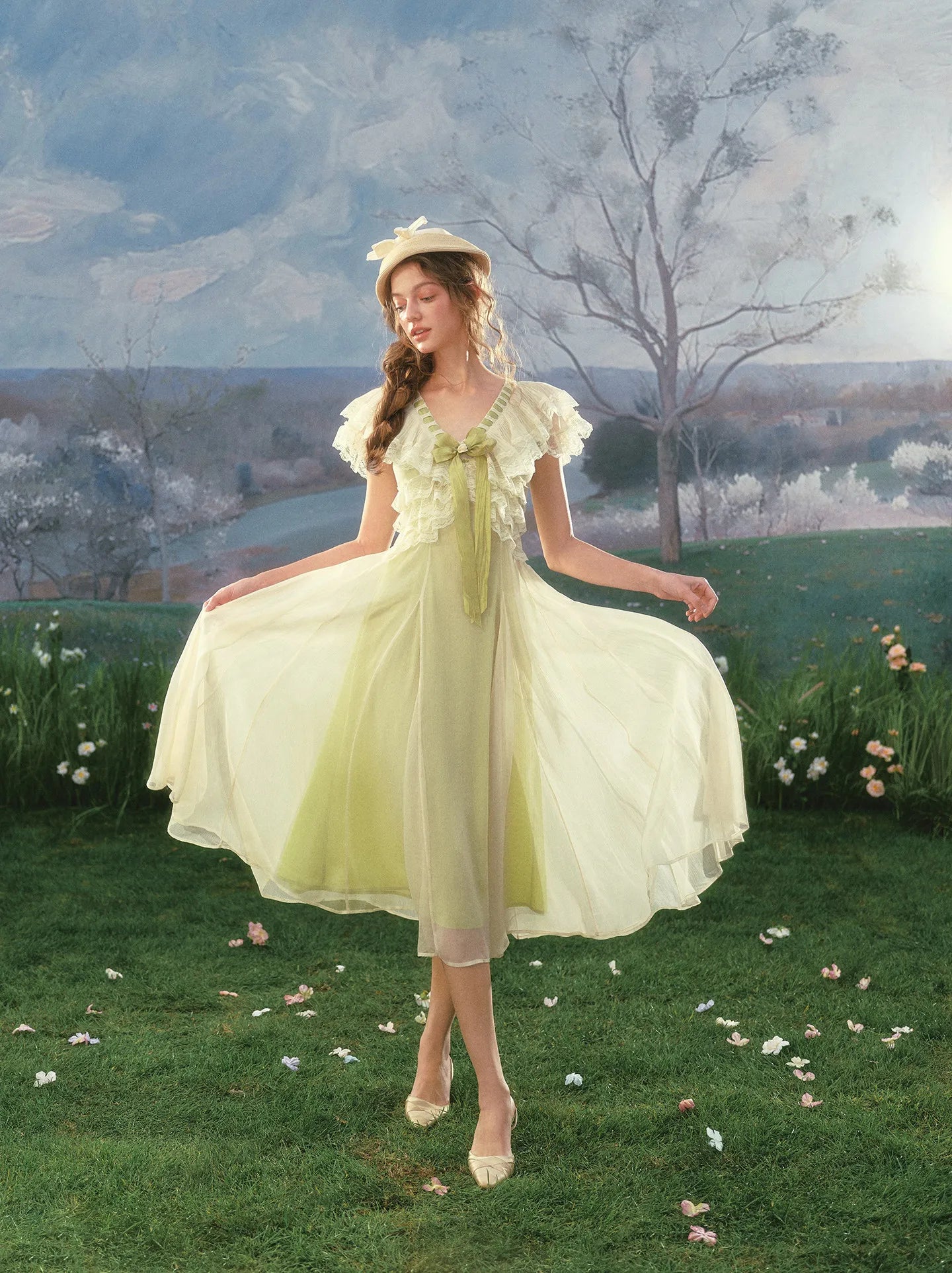 The Spring Meadow Butterfly Lace Gown | French Pastoral V-Neck Midi | Empire Waist Princess Dress | Parisian Princess