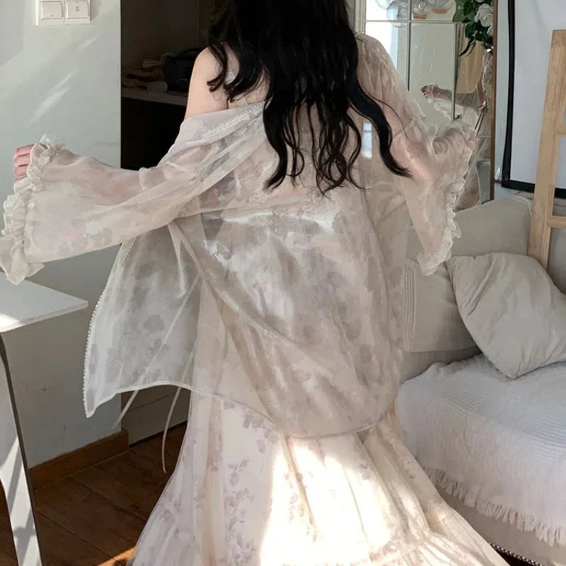 Preppy Style Fresh and Sweet Summer 2024 Lolita Patchwork Floral Gauze Fashion Solid Color Loose Long Sleeved Capes Ponchos