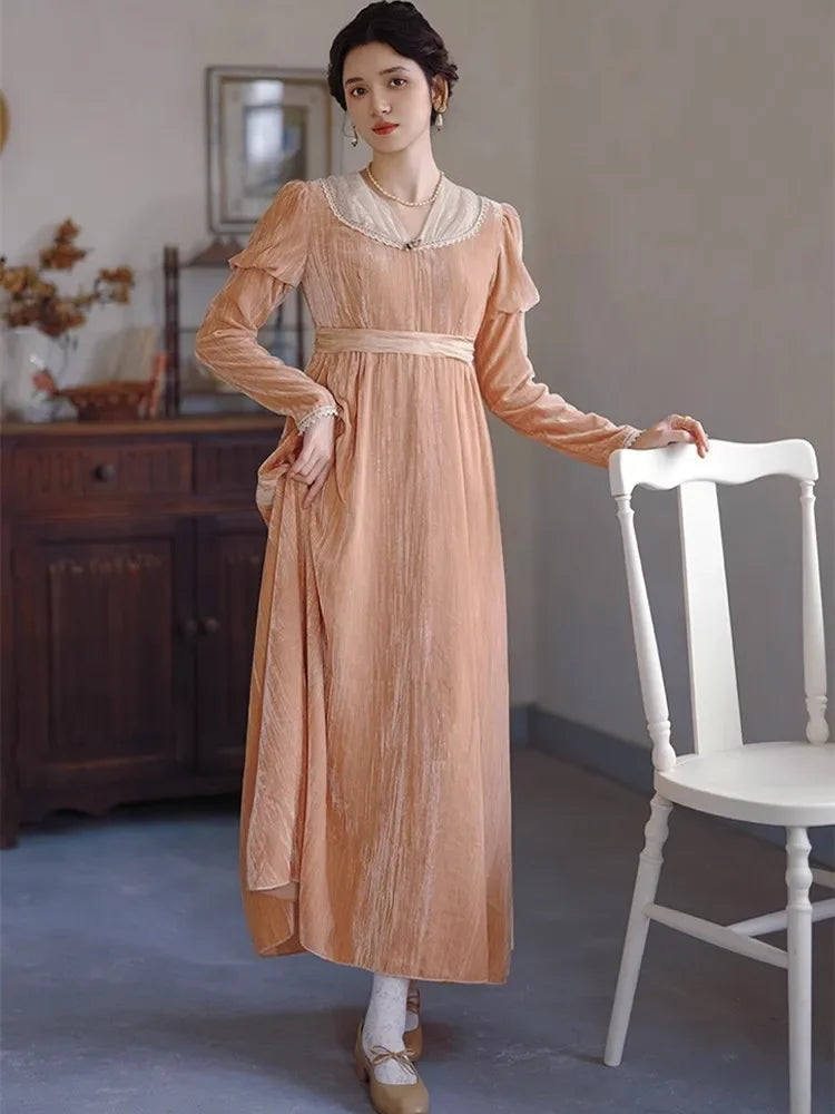 The Imperial Rose Velvet Gown | Pink V-Neck Long Sleeve Maxi | Vintage Empire Waist Lace Dress | Parisian Princess