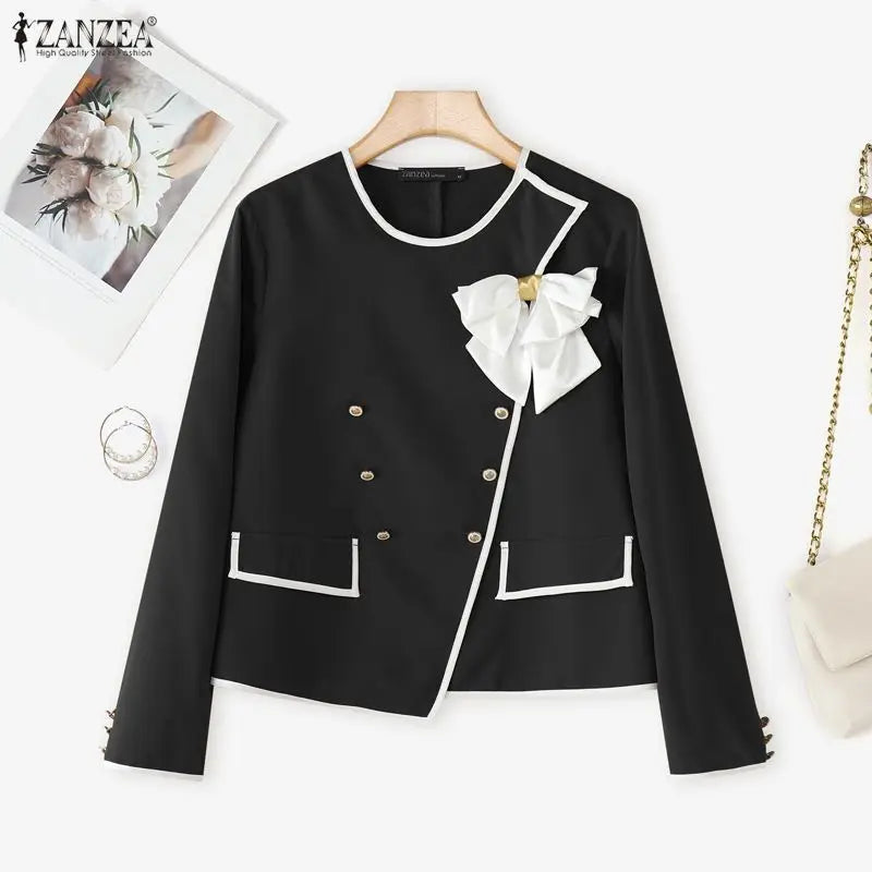 Parisian Elegant Blazer Double Breasted Long Sleeve Coats Women Fashion Bow Office Outerwear 2025 Casual Street Jackerts