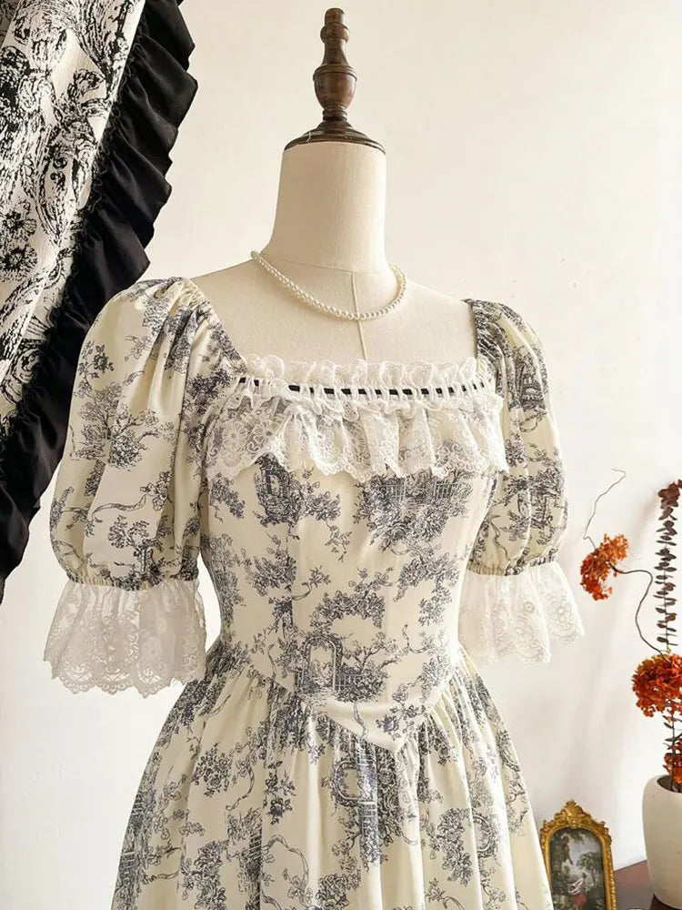 Parisian Botanical Print Long Dress Woman Square Neck Lace Short Puff Sleeves Slim Party Dresses French Cute Birthday Dress