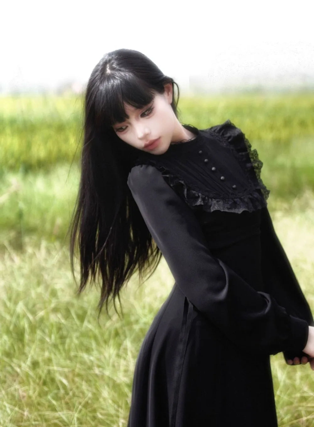 Coalfell French Gentle Heavy Engineering Dress Design Fall and Winter Long-sleeved New Waist Lace Thin Temperament Long Dress