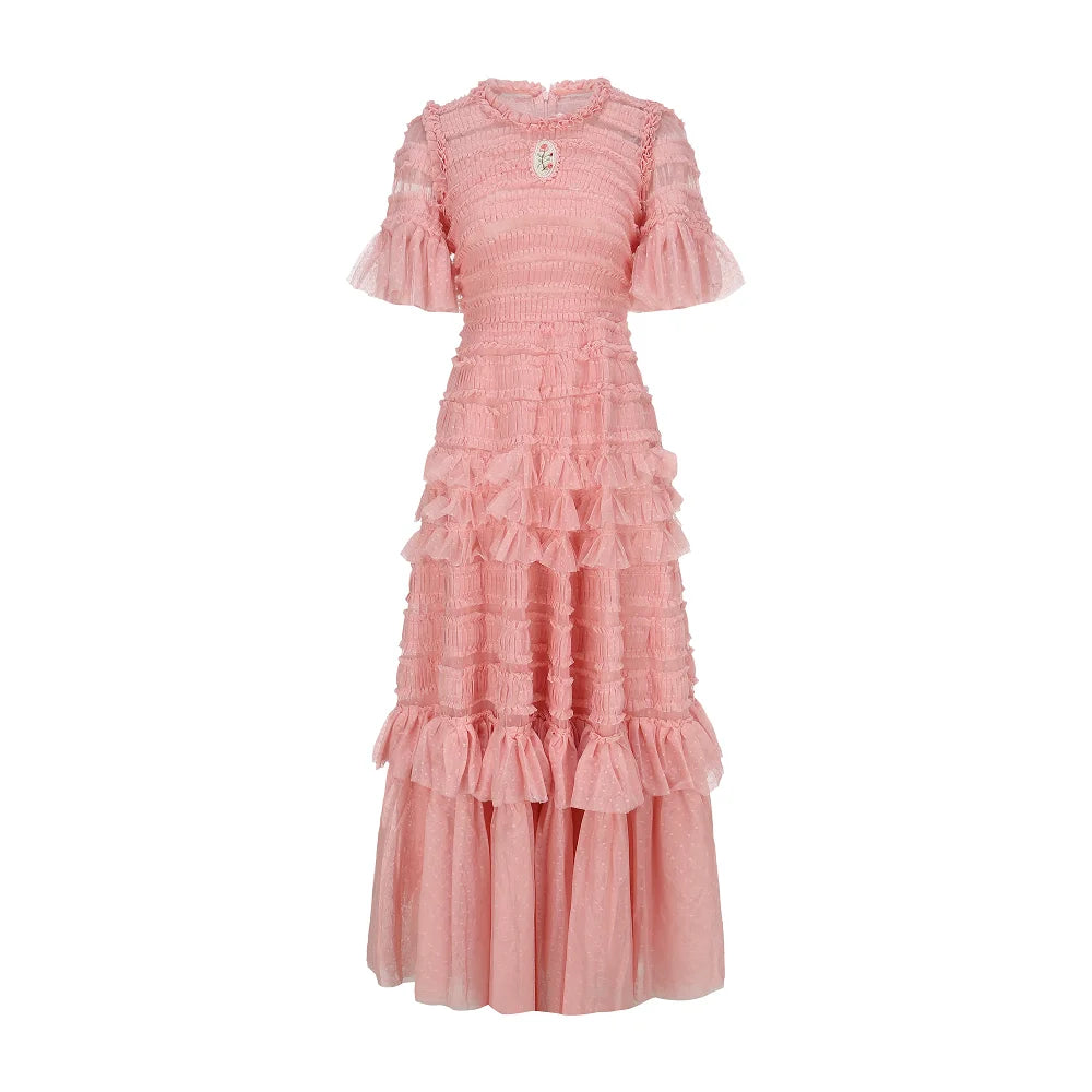 The Candy-Pink Promenade Gown | Hand-Embroidered Tiered Ballgown | Spring Mesh Cake Dress | Parisian Princess