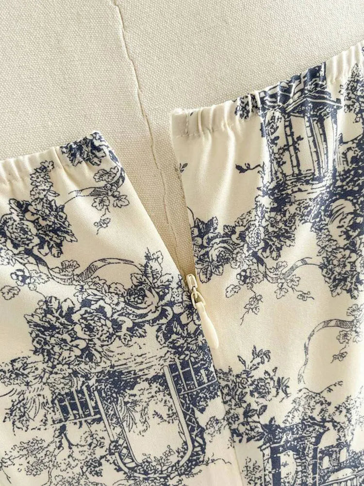 Parisian Botanical Print Long Dress Woman Square Neck Lace Short Puff Sleeves Slim Party Dresses French Cute Birthday Dress