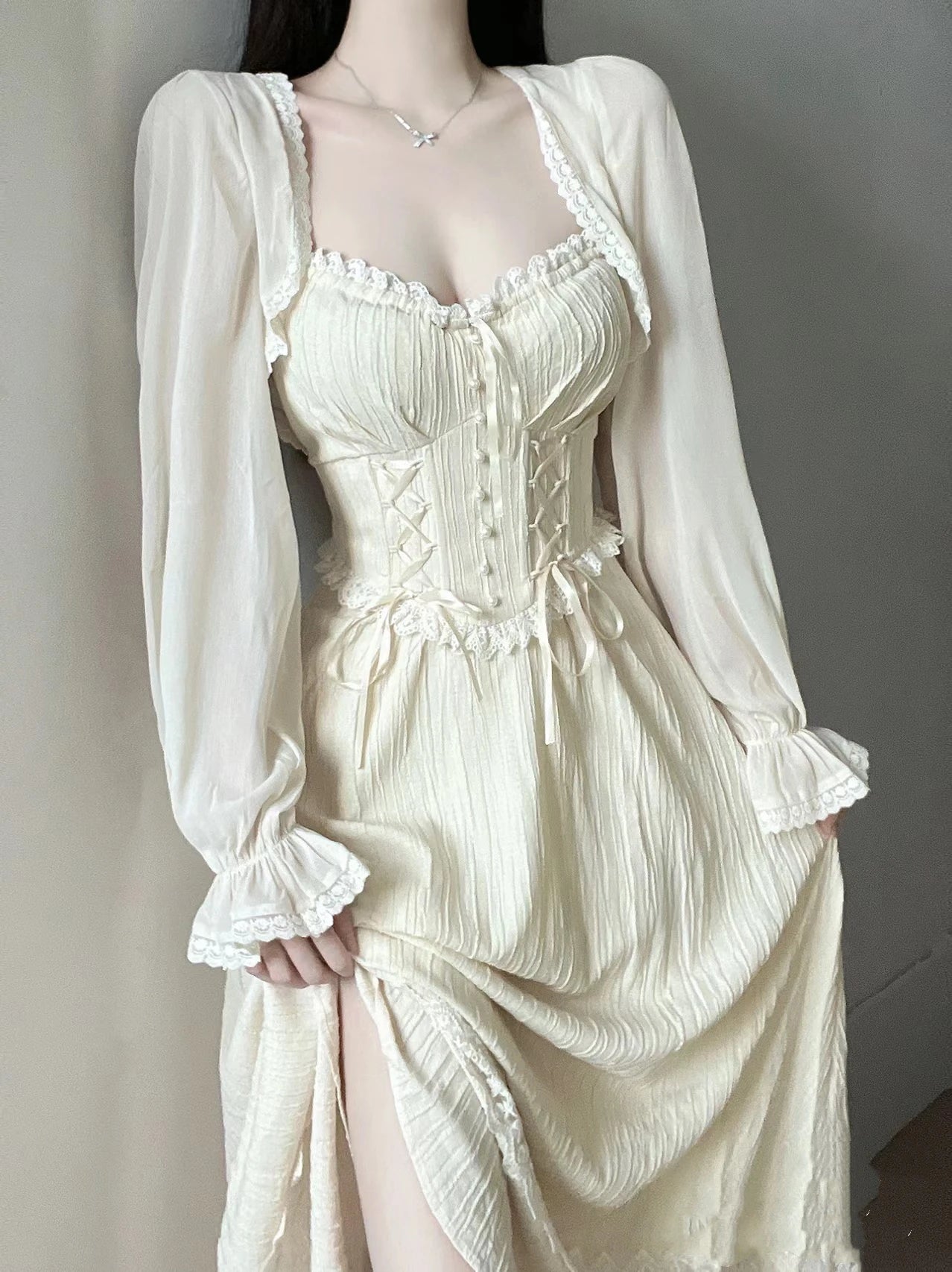 Women Office Casual Ruffle Dress Hollow Out Sleeve One Piece Dress Korean Summer New Fairy French Elegant Solid Mini Dress Party