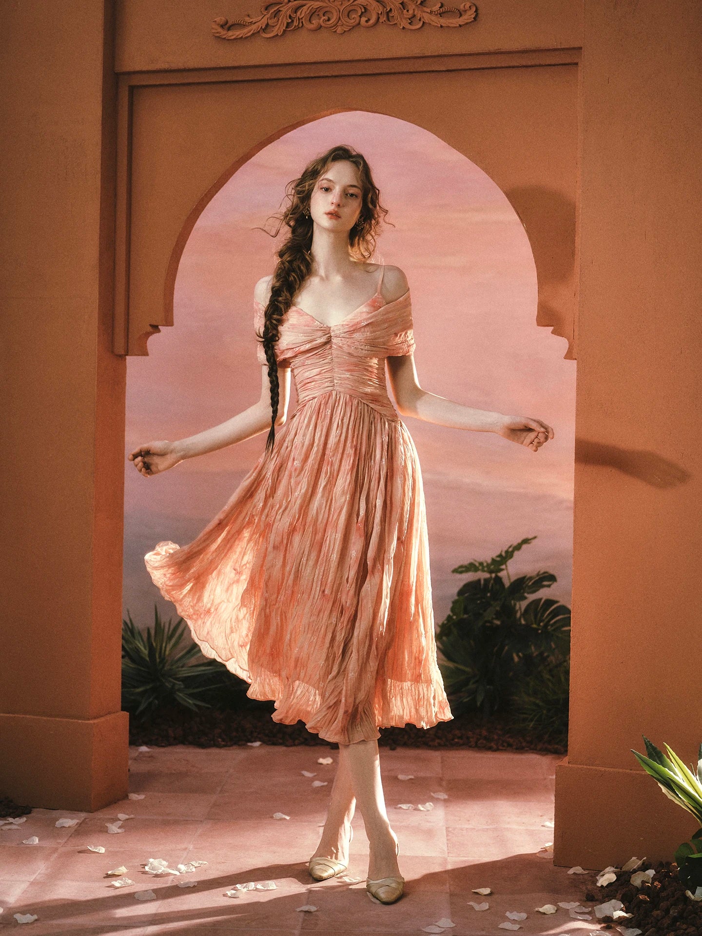The Caprician Sunset Oil Painting Gown | Coral Shimmer Fairy Skirt | 3/4 Sleeve A-Line Dress | Parisian Princess