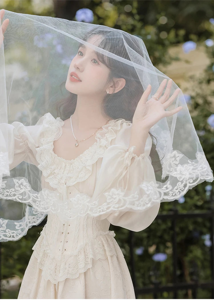 The Ethereal Princess Tatting Gown | Fairycore Lace Midi | French Square Neck Princess Sleeve Vestido | Parisian Princess