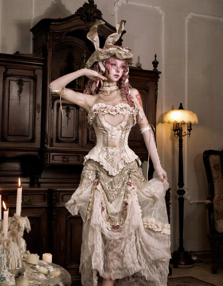 The Versailles Lovecore Lace Set | Fishbone Corset Tube Top & Floor-Length Skirt | Dark Romance Two-Piece | Parisian Princess