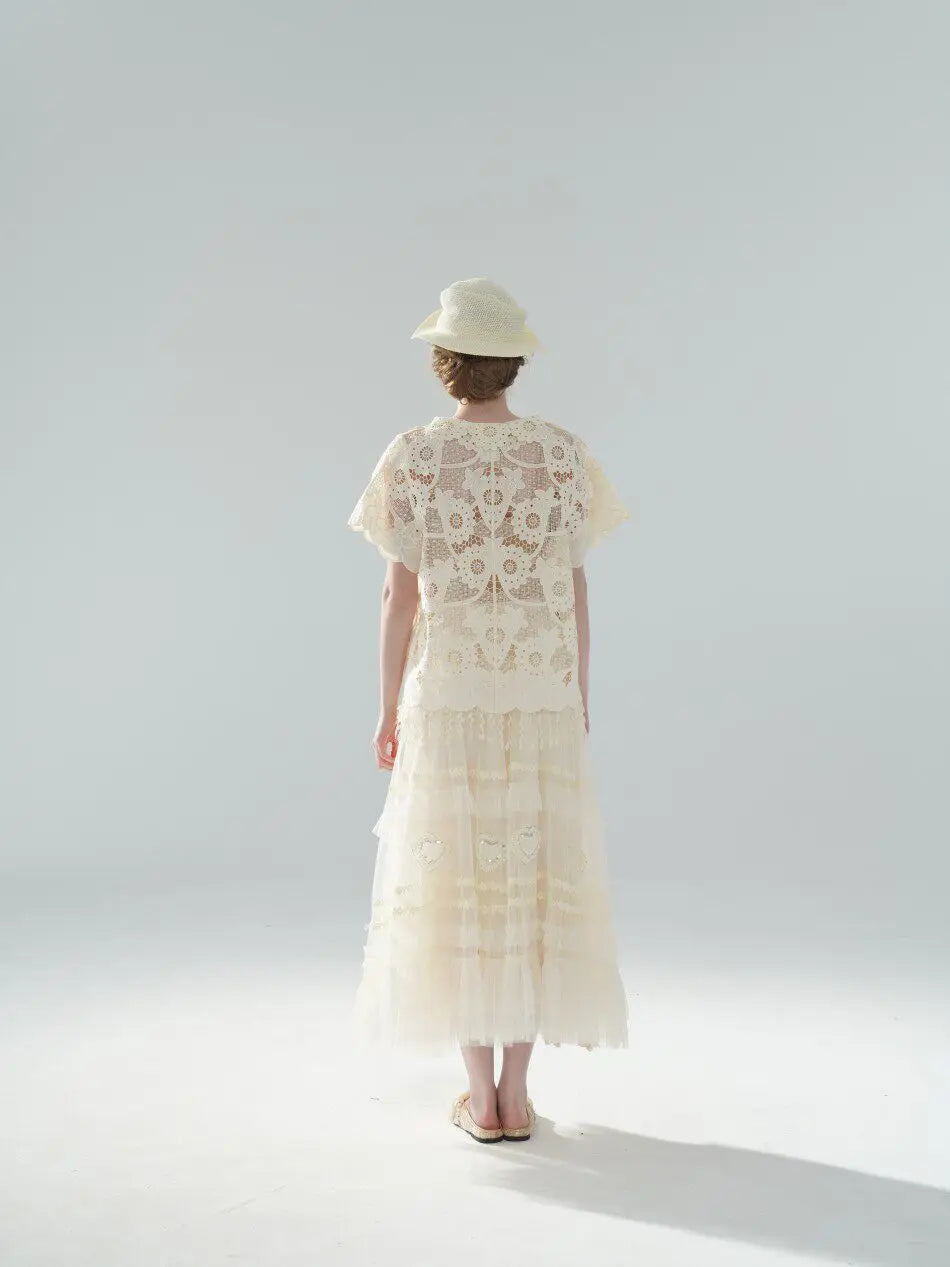 The Palais Cutwork Blouse | Summer Lace Shirt | Handmade 3D Floral All-Over Embroidered Turn-Down Collar Blouse | Parisian Princess