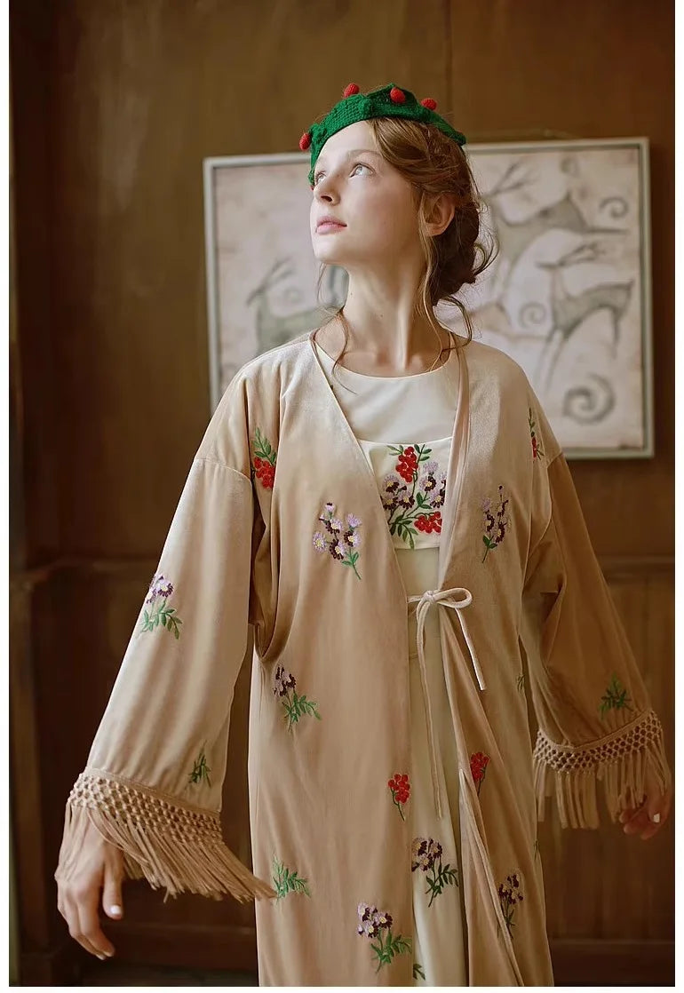 The Botanical Velour Robe | Embroidered Flowers & Fruits Trench | French Camel Tassel Duster | Parisian Princess