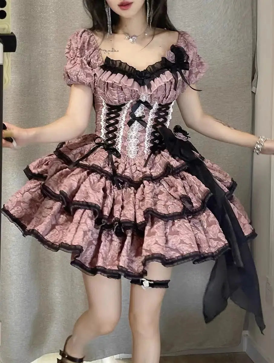 Dophee Original Lolita Flower Wedding Dress Set Gothica Black Pink JSK Dress Elegant Ruffles Mesh Spring Summer OP Dress