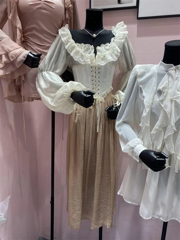 ParisianLace Strap Shirt Women Fashion Print Splice Temperament Gentle Sweet Solid Slim O-neck Spring Chic Female Top 2024