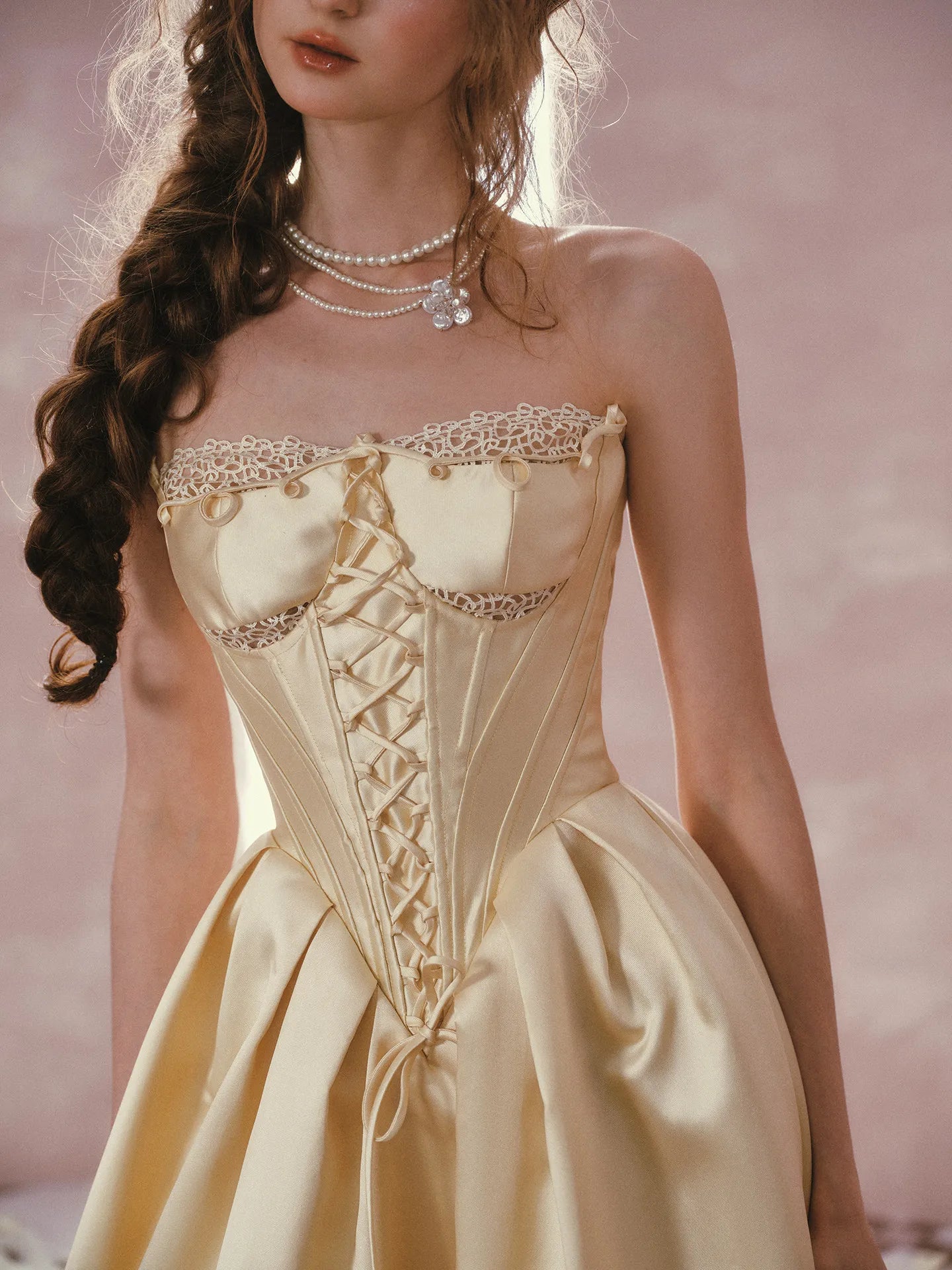 The Lemondrop Love Belle Gown | French Chic Elegant Slim Lace Corset Dress | Strapless Empire Waist Satin Maxi | Parisian Princess