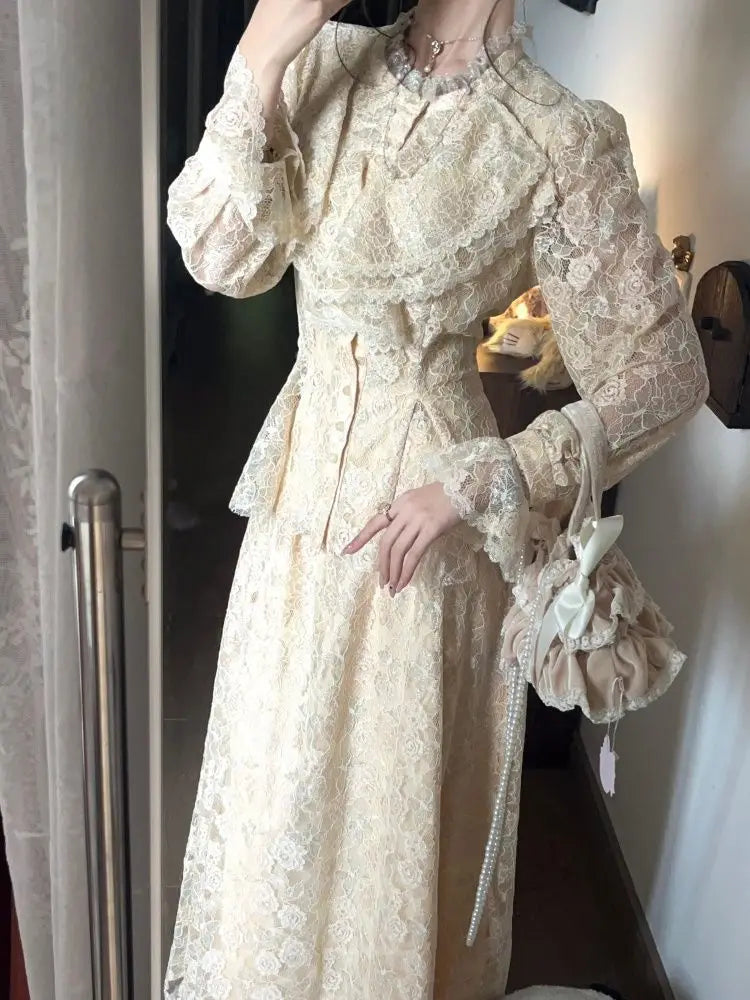 French Vintage 2-Piece Set for Women Ruffled Lace Cardigan Tops + Slim Long Skirt Elegant Retro Court-Style Chic Party Outfit