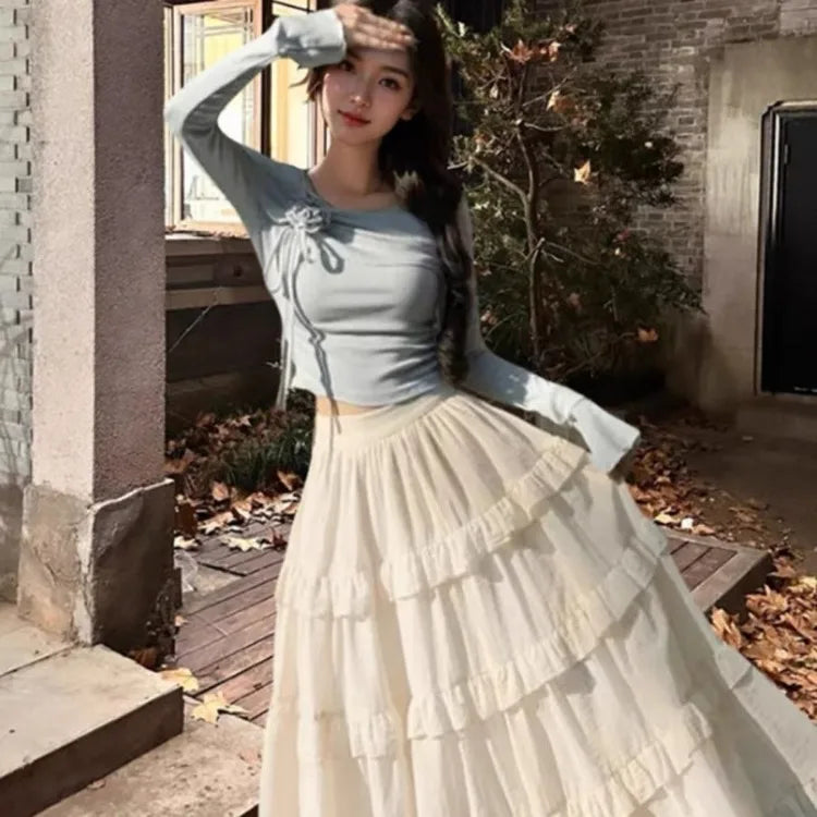 Blue 3D Flower Square Collar Long Sleeve Slim Fit Tops Women + Parisian High Waist Ruched Cake Skirts 2026 Autumn New Two Piece Sets