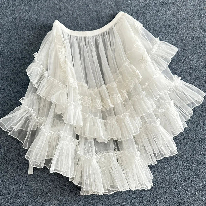 Gothic Lolita Lace Mesh Ruffles Fairy Princess Party Skirt Women Asymmetrical Cute Curtain Sheer Cover Up Thin Long Skirts White
