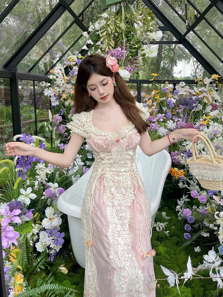 REDDACHiC Medieval Retro Women Party Dress Floral Lace-up Corset Bow Patchwork Midi Long Dress Victorian Renaissance Costume