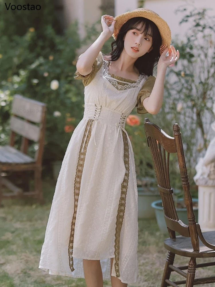 Vintage Chic Parisian Cottagecore Girl Style Dress French Women Elegant Flare Sleeve Bandage Fake Two Pieces Dresses Female Sweet Party Vestidos