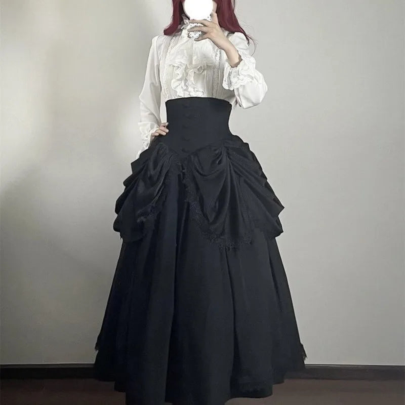 The Tuileries Big Swing Skirt | French Lolita High-Waist Maxi | Patchwork Lace Ankle-Length Saia | Parisian Princess