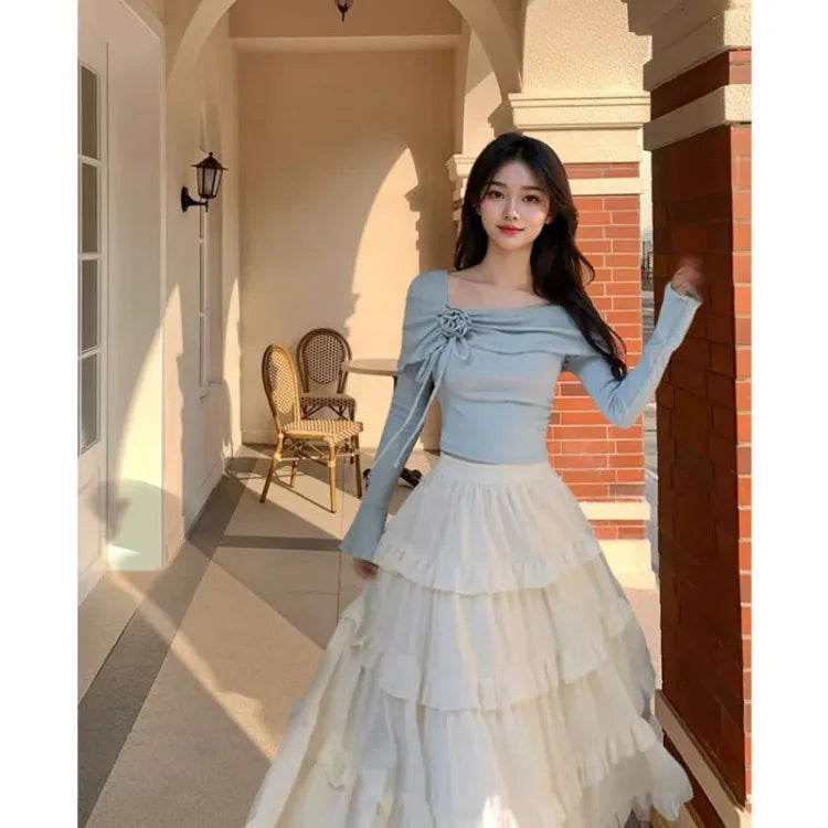 Blue 3D Flower Square Collar Long Sleeve Slim Fit Tops Women + Parisian High Waist Ruched Cake Skirts 2026 Autumn New Two Piece Sets