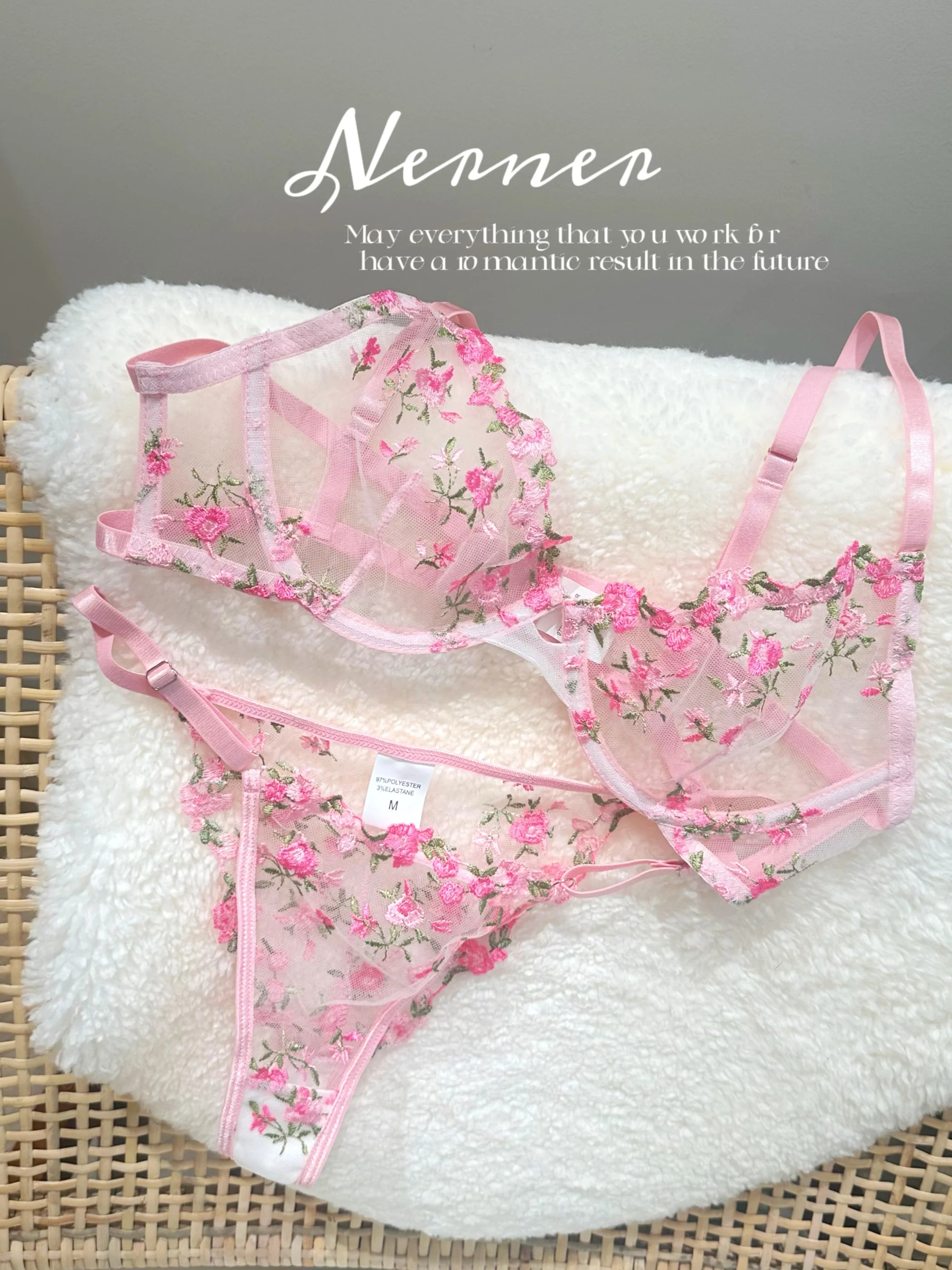 Parisian French Lingerie Set Sheer Tulle, Pink Floral Embroidery Bra Bralette, Sexy Pure Matching Set BANERDANNI Sexy Tushy Bras