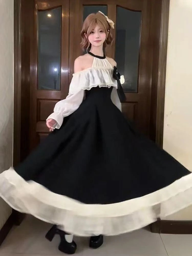 Parisian Elegant Lolita Dress Women Slimming Kawaii Bowknot Long Sleeve Dresses 2025 New Autumn Winter Fashion Casual Outfits