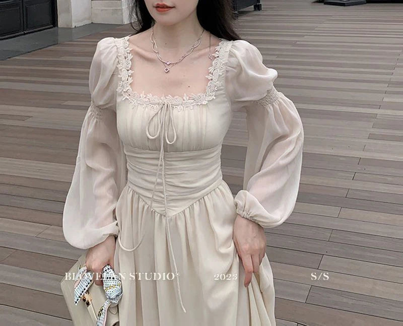 Sweet Sexy Chiffon Dress Women Fashion Slim Elegant French Dress Breathable Long Sleeve Beach Hoiliday Party Vestidos