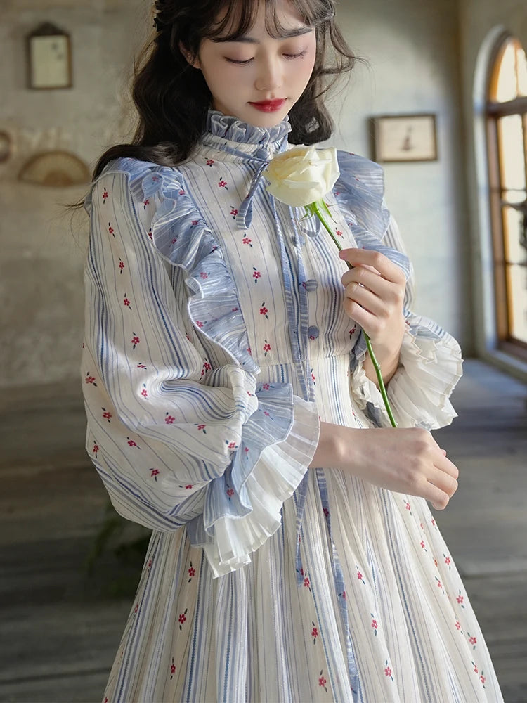 Parisian Long Dresses For Women French Vintage Elegant Slim Luxury Jacquard Print Striped  Lantern Sleeve Dress