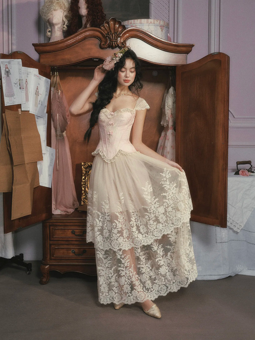 The Rosebud Versailles Lace Set | Pink Bustier & Shimmer Beige Maxi Skirt | Embroidered Two-Piece Gown | Parisian Princess