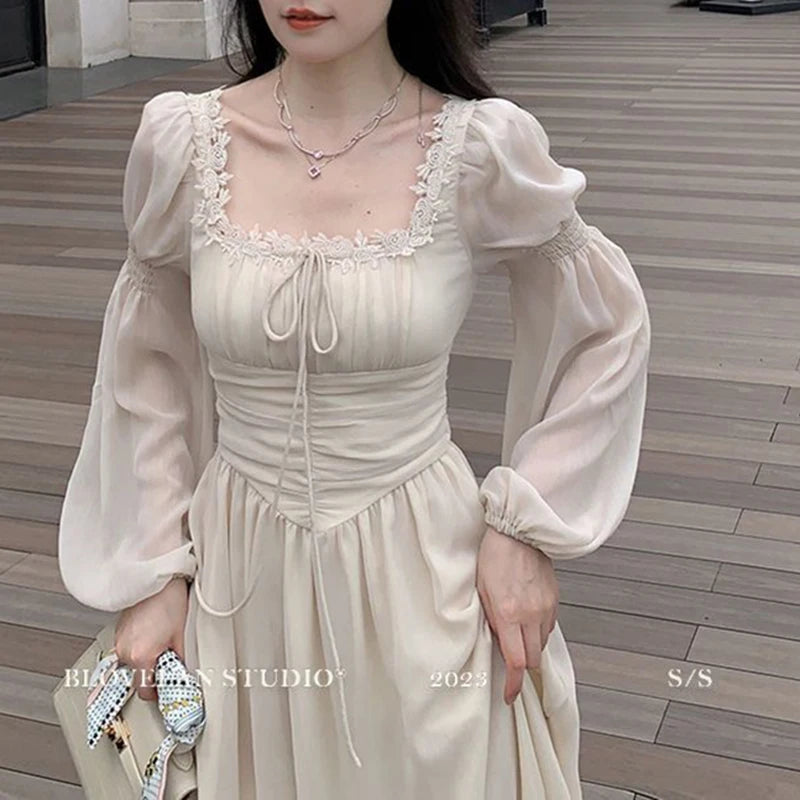 Sweet Sexy Chiffon Dress Women Fashion Slim Elegant French Dress Breathable Long Sleeve Beach Hoiliday Party Vestidos