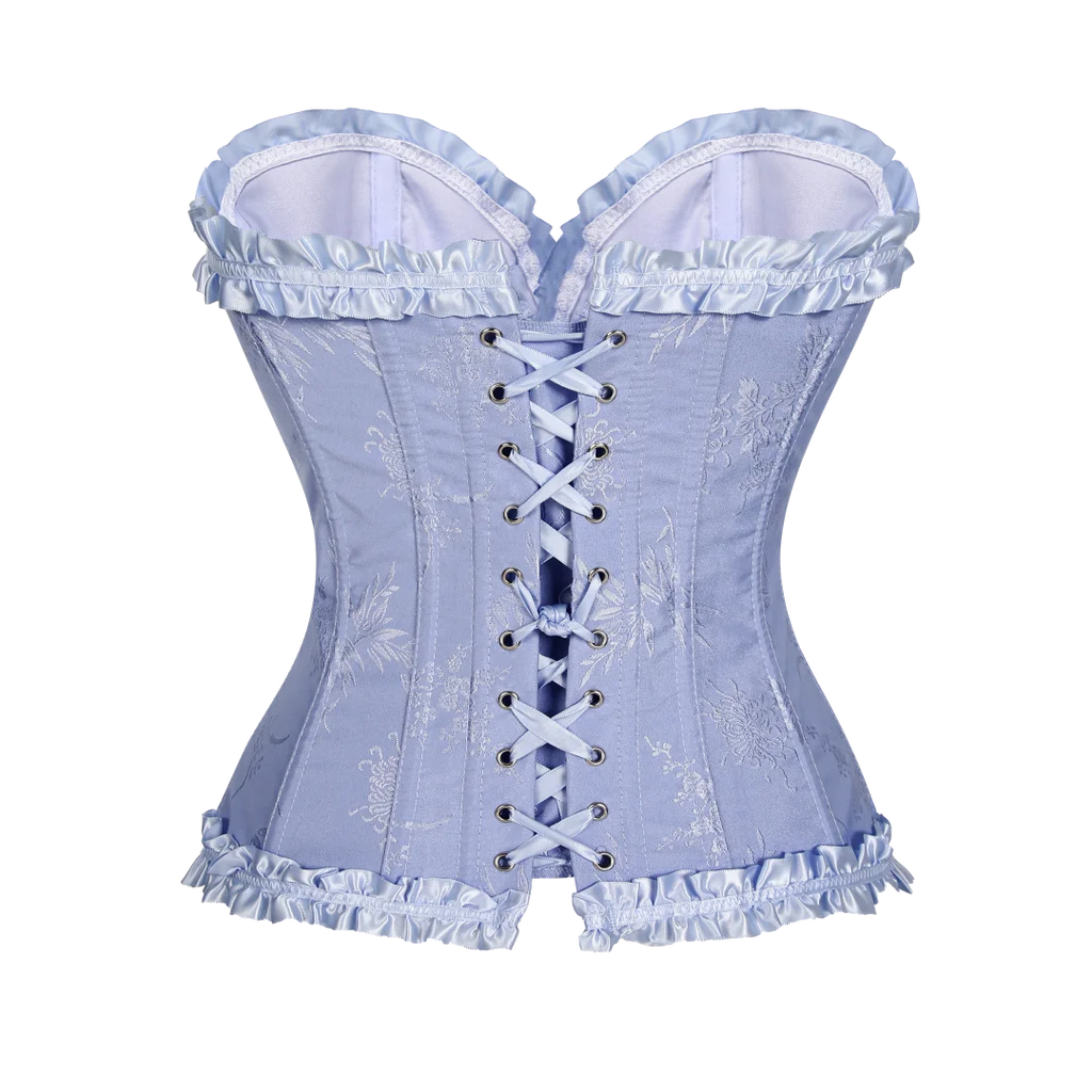 Yellow Jacquard Ruffled Trim Boned Sexy Overbust Push Up Bustier Top Corset Mujer Slimming Corsets For Women Sexy Gothic Clothes