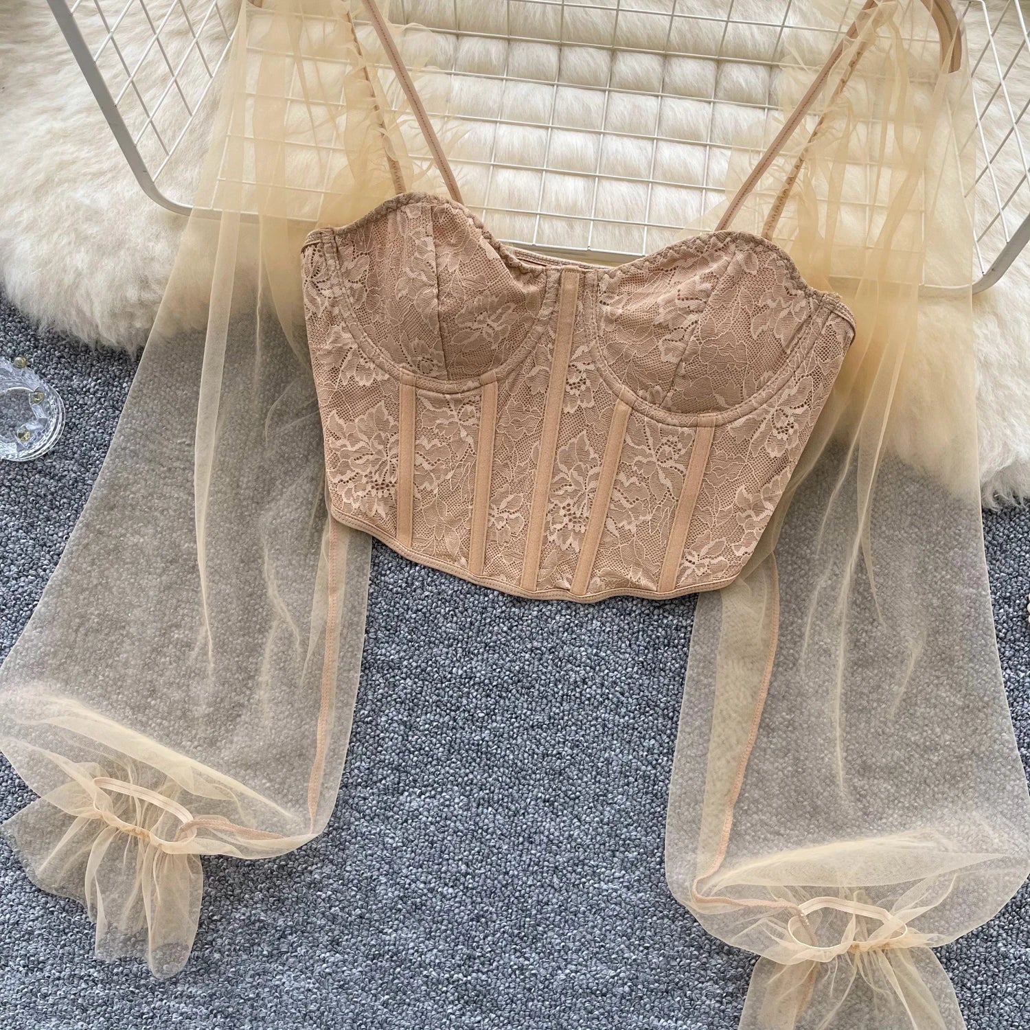 Women Chic Lace Mesh Sheer  Long Sleeve Backless Crop Top Solid Slim Parisian French Fashion Summer Women Shirt Square Collar