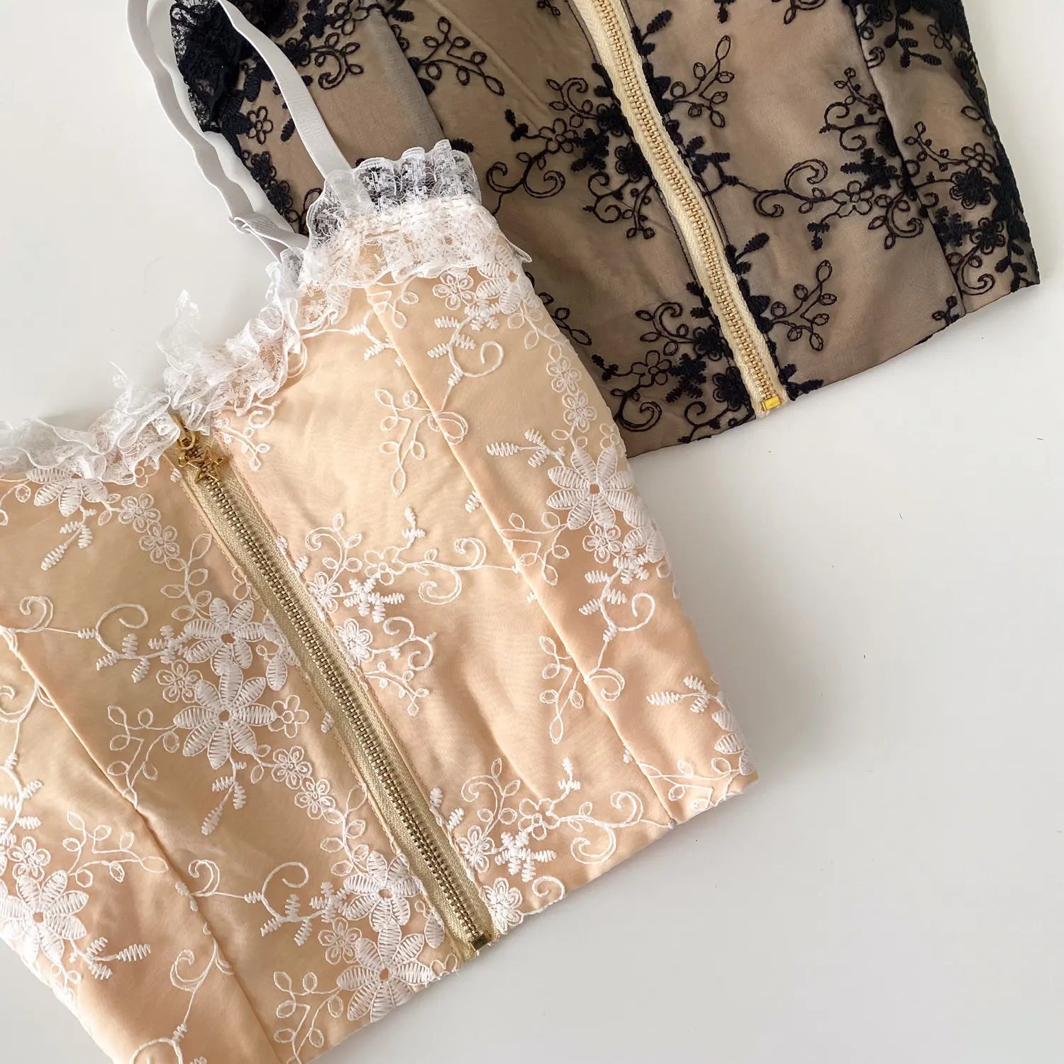 The Trianon Tiered Lace Cami | Embroidered Sleeveless Tank Top | Stretchy Slim Zipper Lingerie Top | Parisian Princess