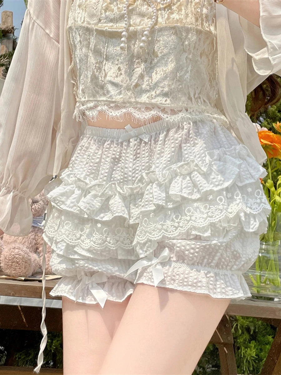 Women s Fashion Bloomers Shorts Lace Layered Ruffle Bowknot Elastic Waist Short Pants Summer Casual Shorts
