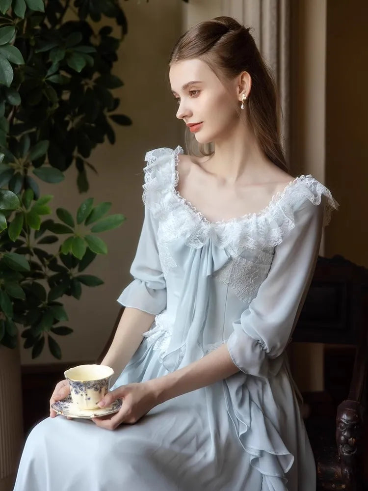 Parisian Maxi Dresses for Women Vintage Elegant Slim Lace Collar Half Sleeve Ruffles Birthday Party Blue Dress84-92cm Bust