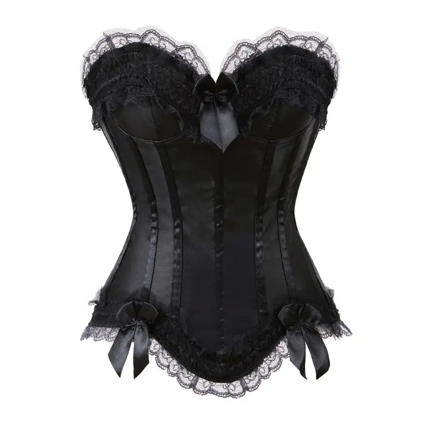 Sexy Lace Overbust Corset Top Women Vintage Satin Bow Bustier Lingerie With Zipper Plus Size Body Shaper Burlesque Corsets