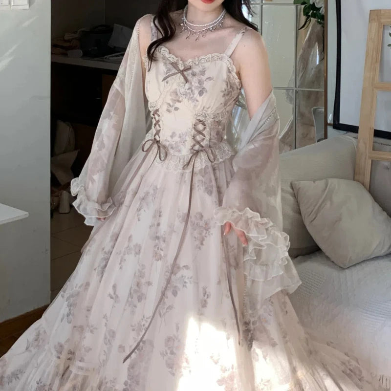 Preppy Style Fresh and Sweet Summer 2024 Lolita Patchwork Floral Gauze Fashion Solid Color Loose Long Sleeved Capes Ponchos