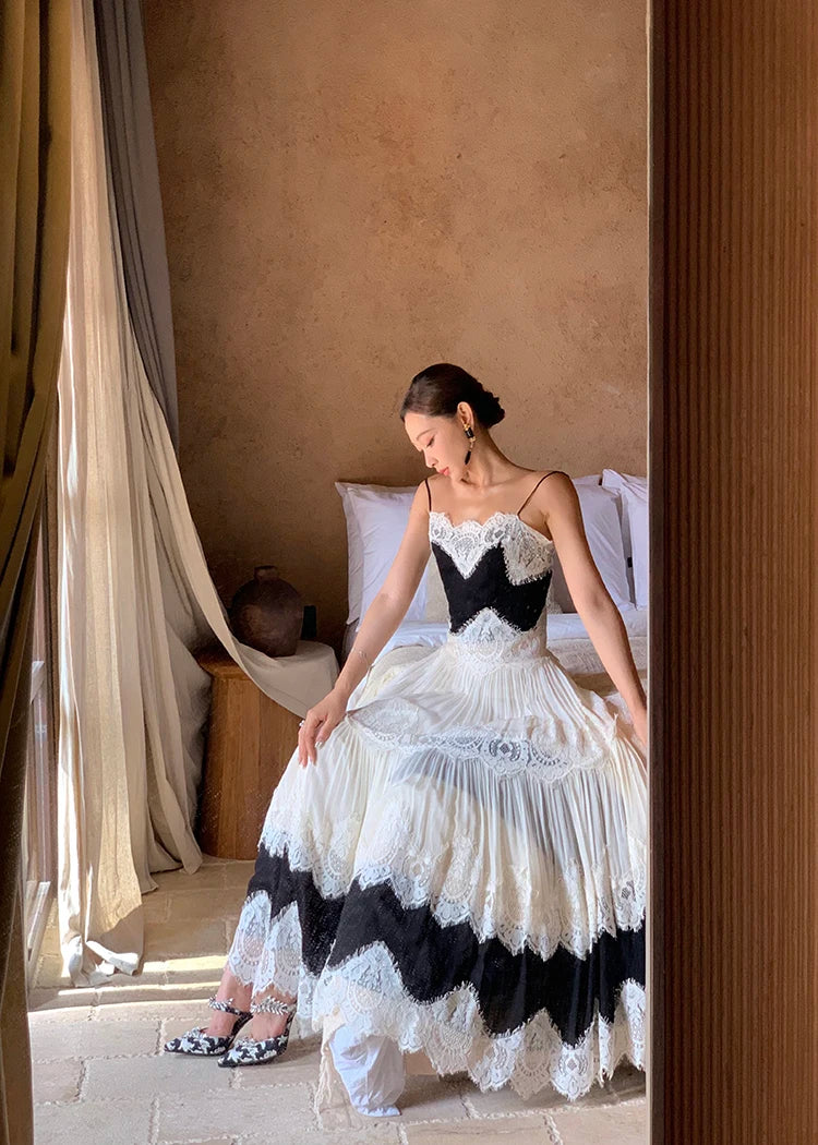 The Midnight Shore Gown | Gothica Summer Holiday Suspenders Dress | Backless Lace Patchwork Vacation Sling | Parisian Princess