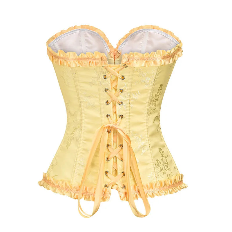 Yellow Jacquard Ruffled Trim Boned Sexy Overbust Push Up Bustier Top Corset Mujer Slimming Corsets For Women Sexy Gothic Clothes