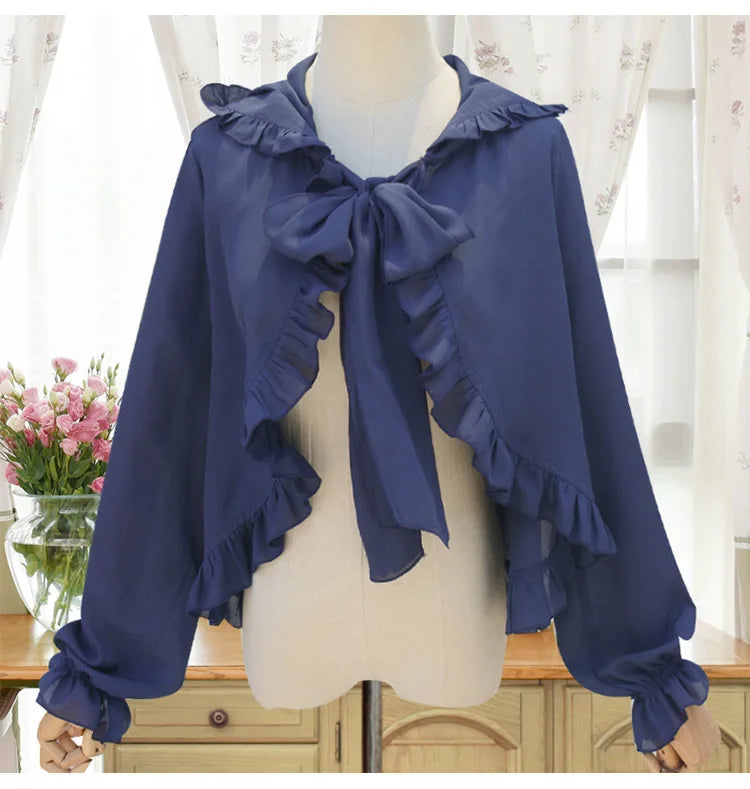 Lolita Chiffon Open Front Wraps Poncho Soft Coat Capes Girls Sweet Hood Covers Sweet Ruffle Shawl Cape Sun Protective For Women