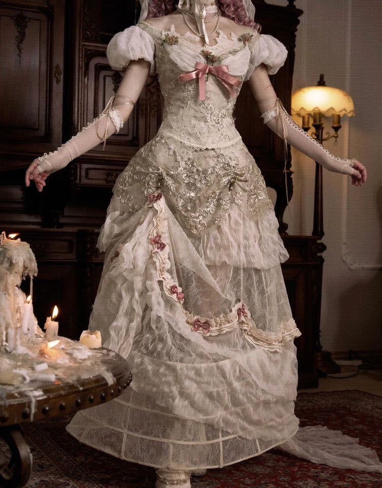 The Amore Lovecore Trailing Princess Skirt | Bustle Lift A-Line Maxi | Removable Bow Lolita Skirt | Parisian Princess