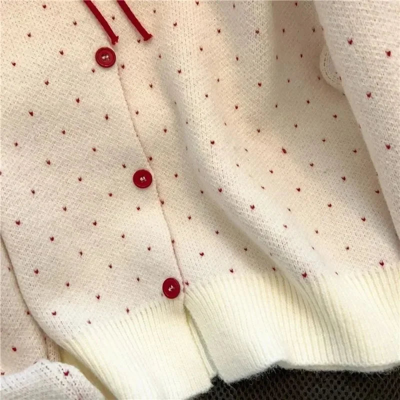 Red Polka Dot Short Knitted Sweater Coat Women's Spring Design Sense Self-Preserving Style Full Sleeve round Neck Top