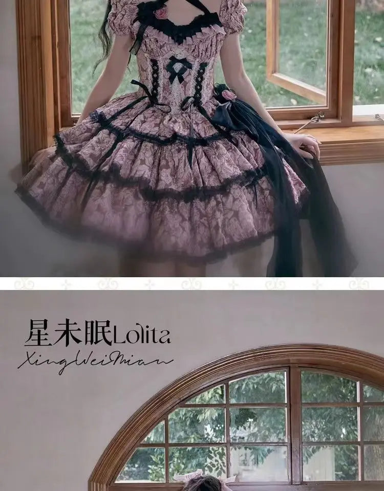 Dophee Original Lolita Flower Wedding Dress Set Gothica Black Pink JSK Dress Elegant Ruffles Mesh Spring Summer OP Dress