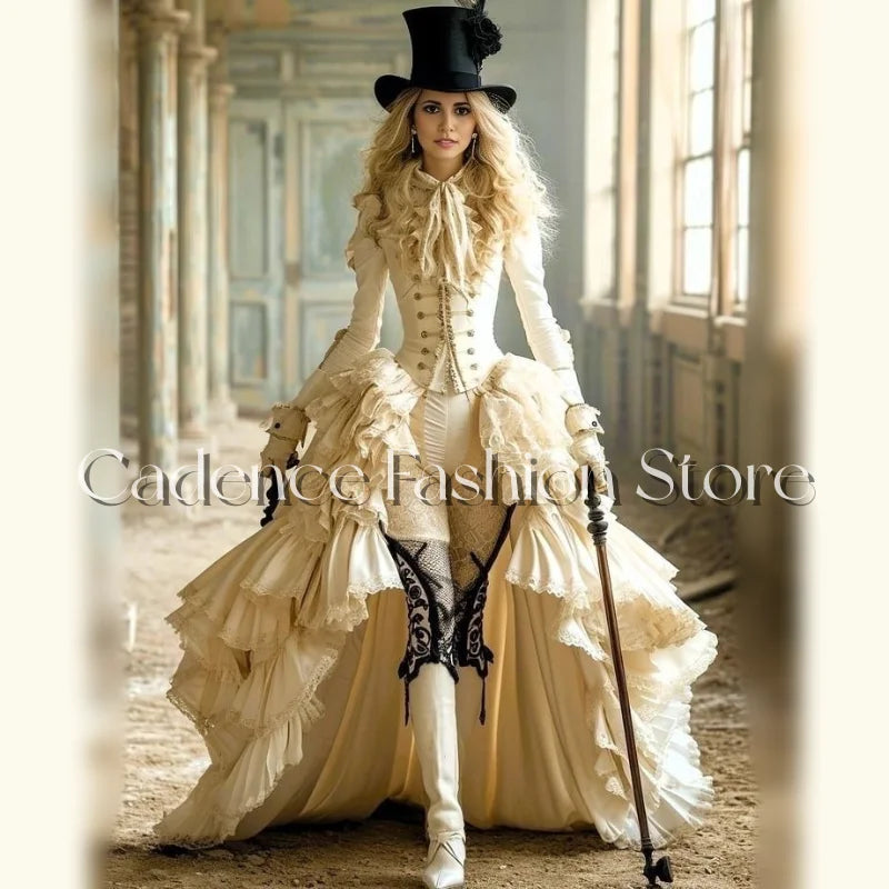 18th Century Victorian Ball Gowns Long Sleeve Corseted Trailing Layered Hem Duchess Evening Gowns Customized